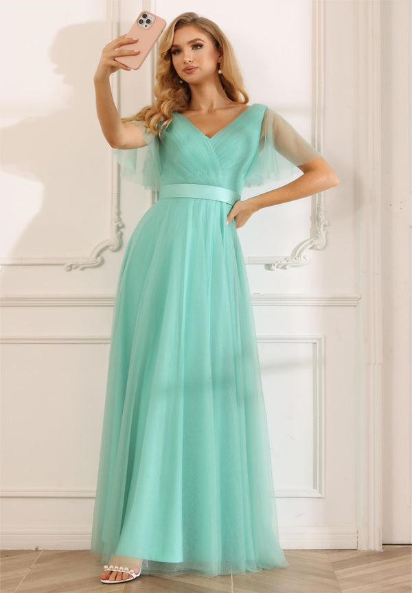 Tulle Short Sleeves A Line V Neck Pleated Bridesmaid Dresses