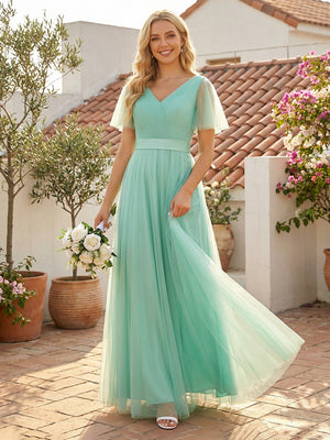 Tulle Short Sleeves A Line V Neck Pleated Bridesmaid Dresses