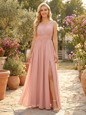 Chiffon V Neck A Line Pleated Bridesmaid Dresses with Slit