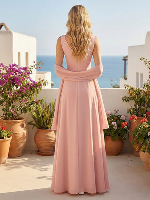 Chiffon V Neck A Line Ruffles Pleated Bridesmaid Dresses with Caps