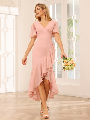Chiffon Short Sleeves A Line V Neck Ruffles Bridesmaid Dresses with Slit