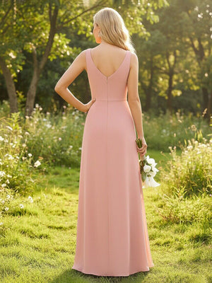 Chiffon V Neck A Line Ruffles Pleated Bridesmaid Dresses with Slit