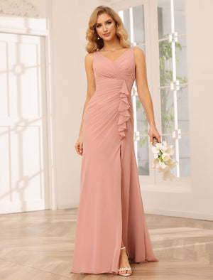 Chiffon V Neck A Line Ruffles Pleated Bridesmaid Dresses with Slit