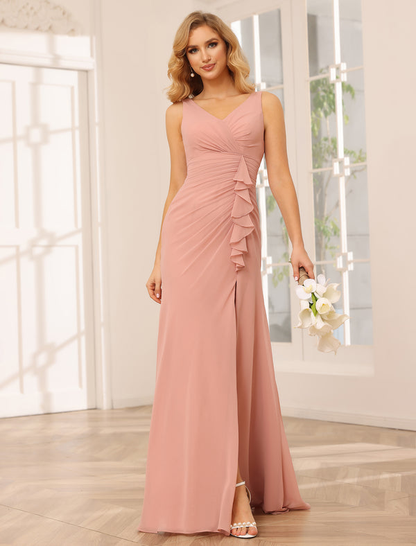Chiffon V Neck A Line Ruffles Pleated Bridesmaid Dresses with Slit