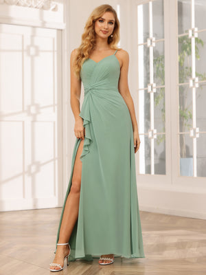 Chiffon V Neck Spaghetti Straps Ruffles Pleated Bridesmaid Dresses with Slit