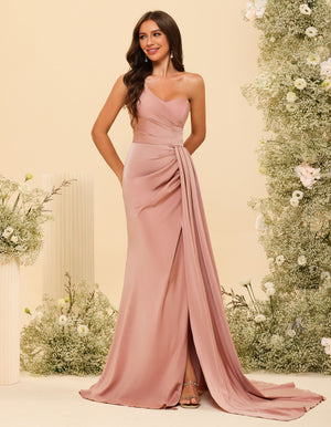 One Shoulder Pleated Satin Bridesmaid Dresses with Slit