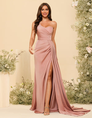 One Shoulder Pleated Satin Bridesmaid Dresses with Slit