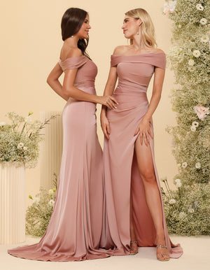 Off Shoulder Satin Pleated Bridesmaid Dresses with Slit
