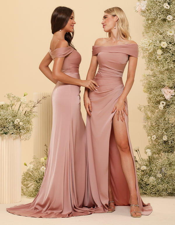 Off Shoulder Satin Pleated Bridesmaid Dresses with Slit