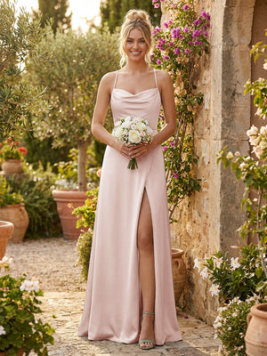 Spaghetti Straps Satin Backless Bridesmaid Dresses with Slit