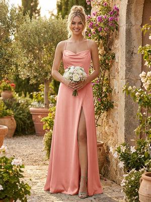 Spaghetti Straps Satin Backless Bridesmaid Dresses with Slit