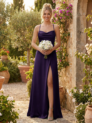 Spaghetti Straps Satin Backless Bridesmaid Dresses with Slit
