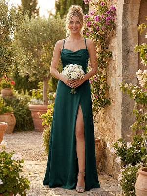 Spaghetti Straps Satin Backless Bridesmaid Dresses with Slit
