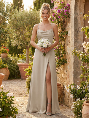 Spaghetti Straps Satin Backless Bridesmaid Dresses with Slit