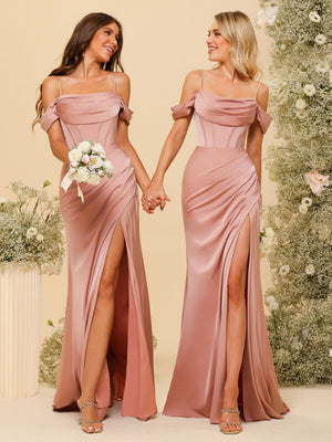 Spaghetti Straps Satin Bridesmaid Dresses with Pleats
