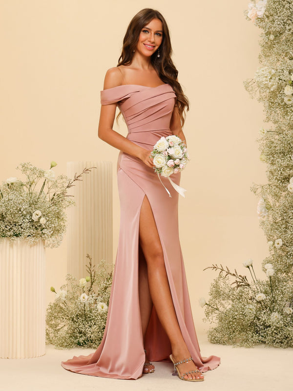 Off Shoulder Pleated Satin Bridesmaid Dresses with Slit
