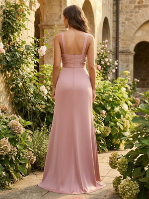 Halter Pleated Satin Bridesmaid Dresses with Slit