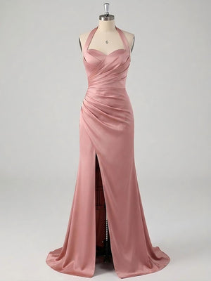 Halter Pleated Backless Satin Bridesmaid Dresses with Slit