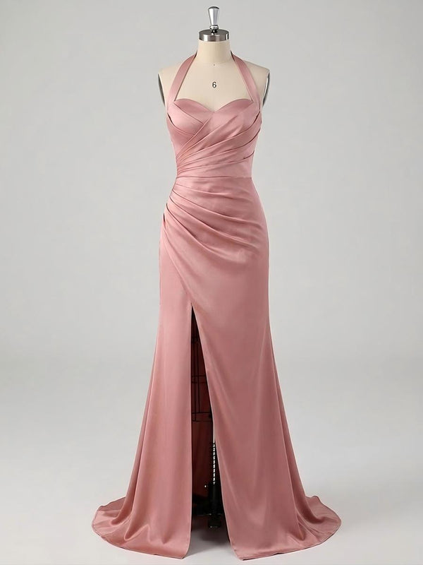 Halter Pleated Backless Satin Bridesmaid Dresses with Slit