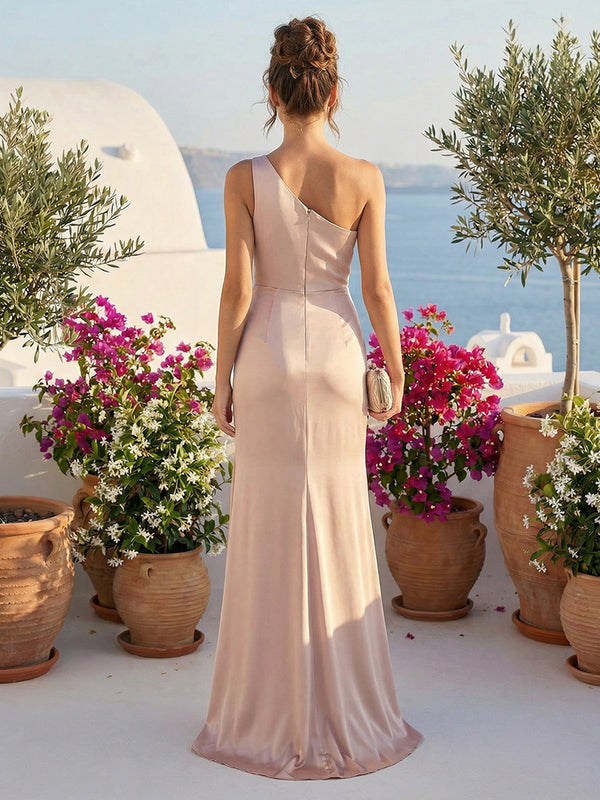 One Shoulder Satin Pleated Bridesmaid Dresses with Slit