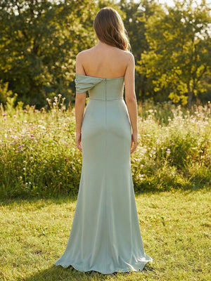 Off Shoulder Satin Pleated Bridesmaid Dresses with Slit