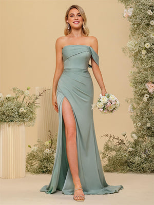 Off Shoulder Satin Pleated Bridesmaid Dresses with Slit