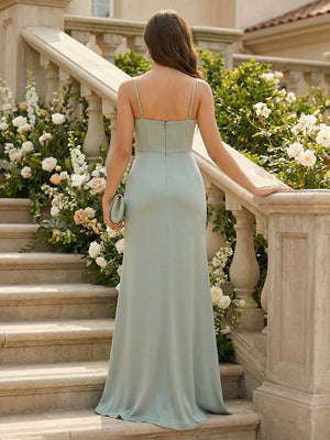 Spaghetti Straps Pleated Satin Bridesmaid Dresses with Slit