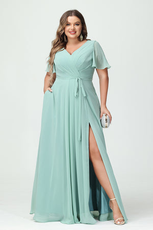 Chiffon V Neck Pleated Ruched Slit Bridesmaid Dresses with Pockets