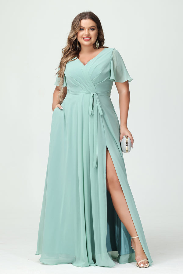 Chiffon V Neck Pleated Ruched Slit Bridesmaid Dresses with Pockets