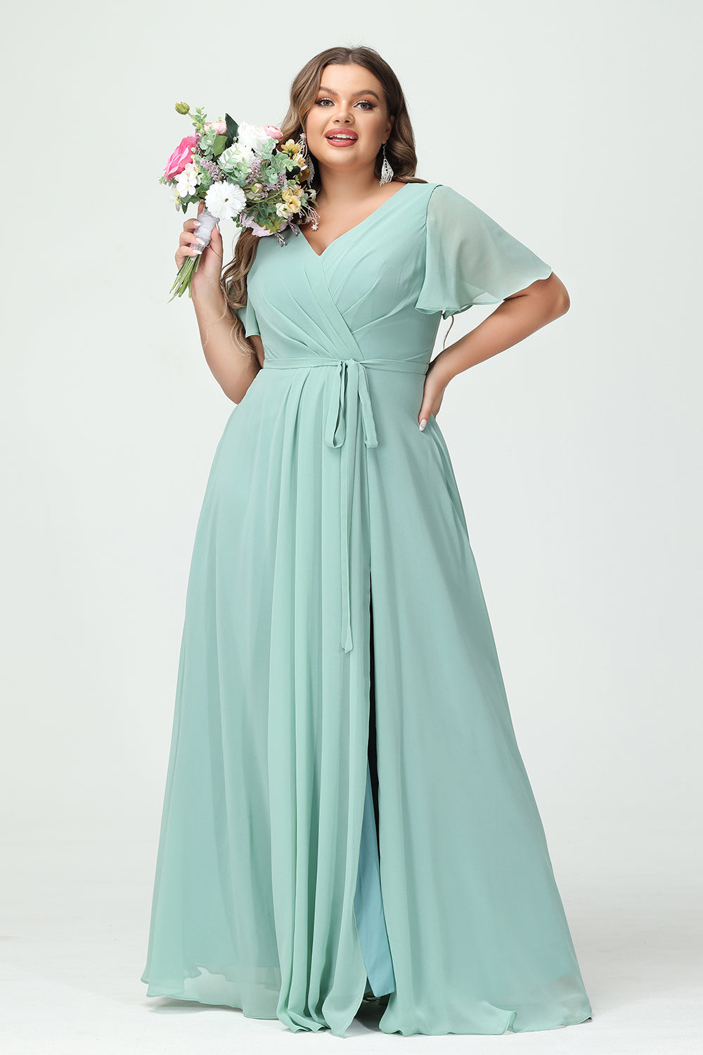 Chiffon V Neck Pleated Ruched Slit Bridesmaid Dresses with Pockets