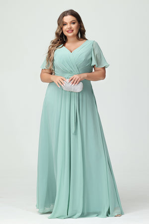 Chiffon V Neck Pleated Ruched Slit Bridesmaid Dresses with Pockets