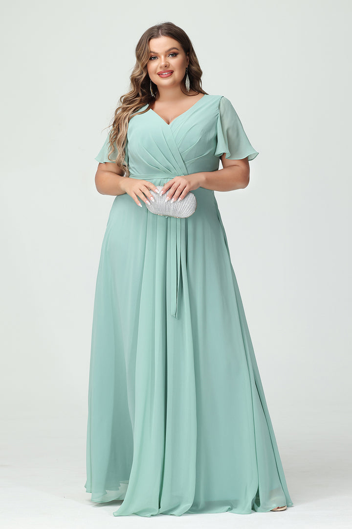 Chiffon V Neck Pleated Ruched Slit Bridesmaid Dresses with Pockets