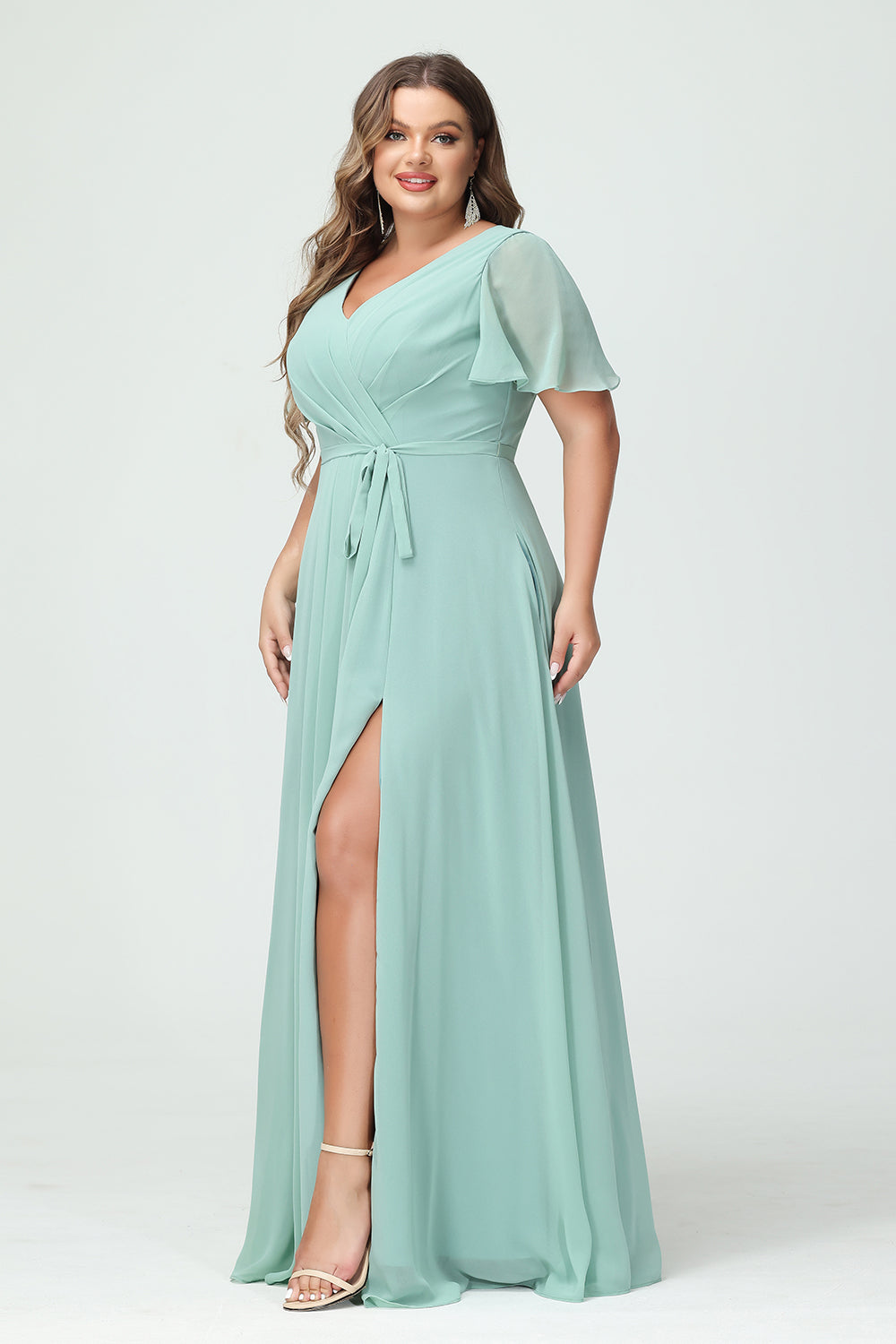 Chiffon V Neck Pleated Ruched Slit Bridesmaid Dresses with Pockets