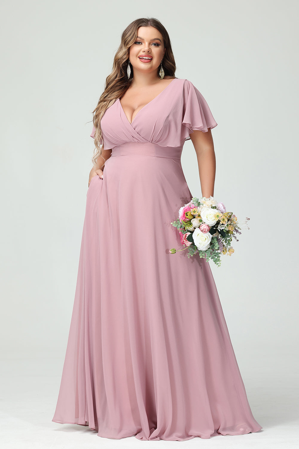 Chiffon V Neck Pleated Corset Bridesmaid Dresses with Pockets