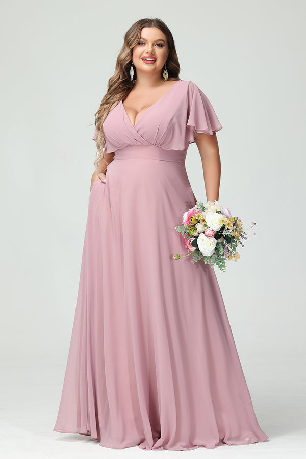Chiffon V Neck Pleated Corset Bridesmaid Dresses with Pockets
