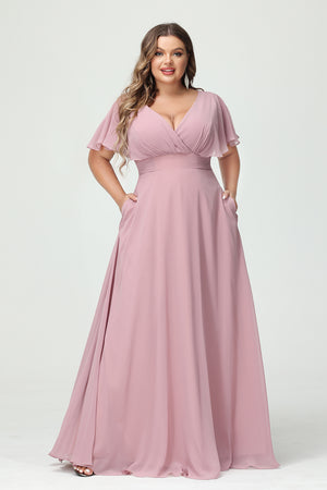 Chiffon V Neck Pleated Corset Bridesmaid Dresses with Pockets