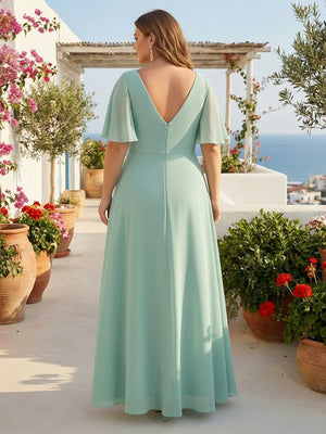 Chiffon V Neck Pleated Corset Bridesmaid Dresses with Pockets