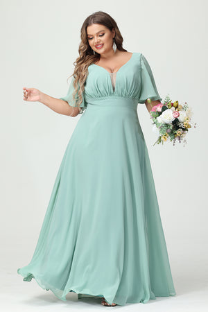 Chiffon V Neck Pleated Corset Bridesmaid Dresses with Pockets