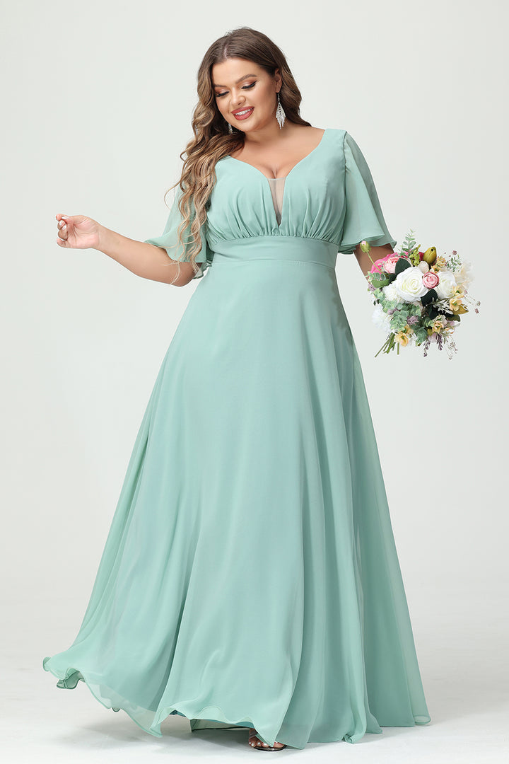 Chiffon V Neck Pleated Corset Bridesmaid Dresses with Pockets