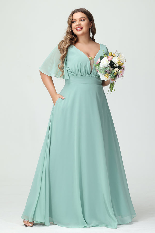 Chiffon V Neck Pleated Corset Bridesmaid Dresses with Pockets