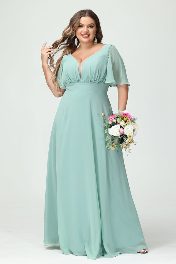 Chiffon V Neck Pleated Corset Bridesmaid Dresses with Pockets