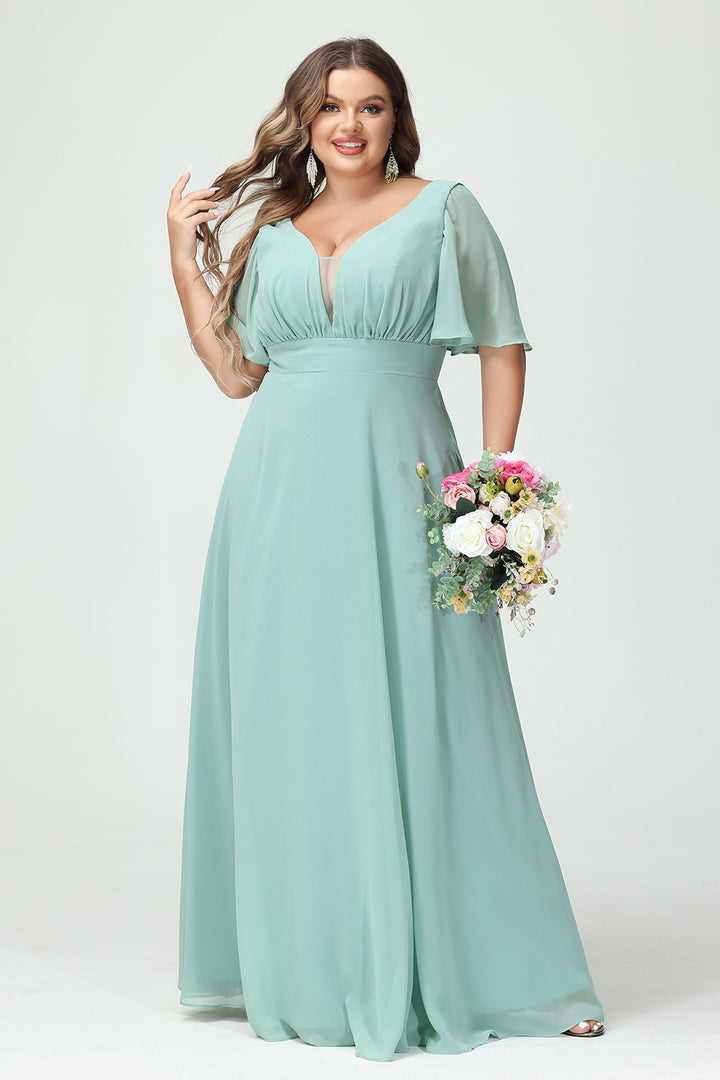 Chiffon V Neck Pleated Corset Bridesmaid Dresses with Pockets