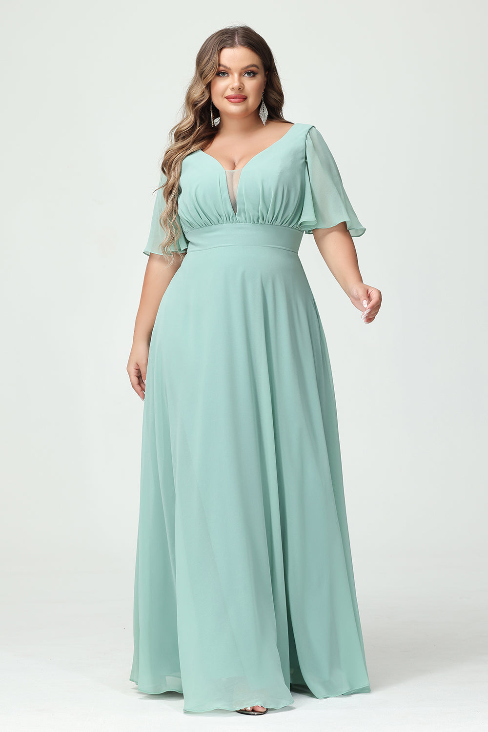 Chiffon V Neck Pleated Corset Bridesmaid Dresses with Pockets