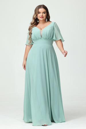 Chiffon V Neck Pleated Corset Bridesmaid Dresses with Pockets