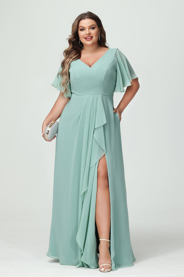 Chiffon V Neck Pleated Ruffles Corset Bridesmaid Dresses with Slit
