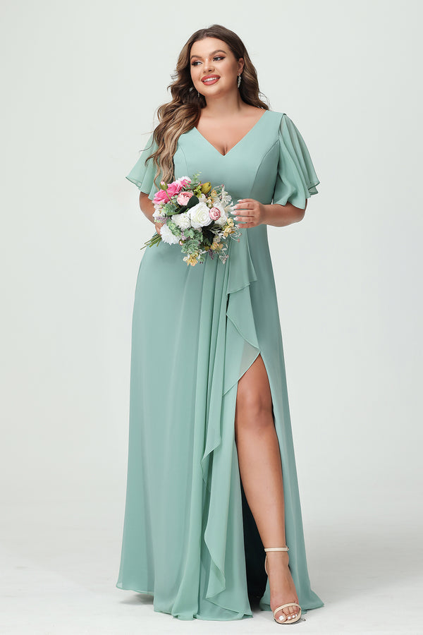 Chiffon V Neck Pleated Ruffles Corset Bridesmaid Dresses with Slit