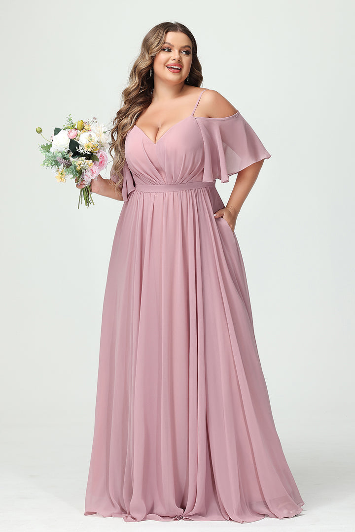 Chiffon Spaghetti Straps V Neck Pleated Ruffles Corset Bridesmaid Dresses