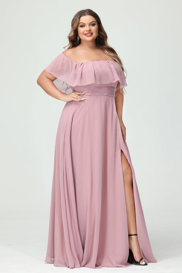 Chiffon Off the Shoulder Pleated Corset Bridesmaid Dresses Pockets with Slit