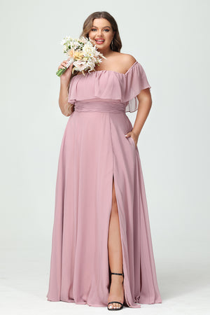 Chiffon Off the Shoulder Pleated Corset Bridesmaid Dresses Pockets with Slit