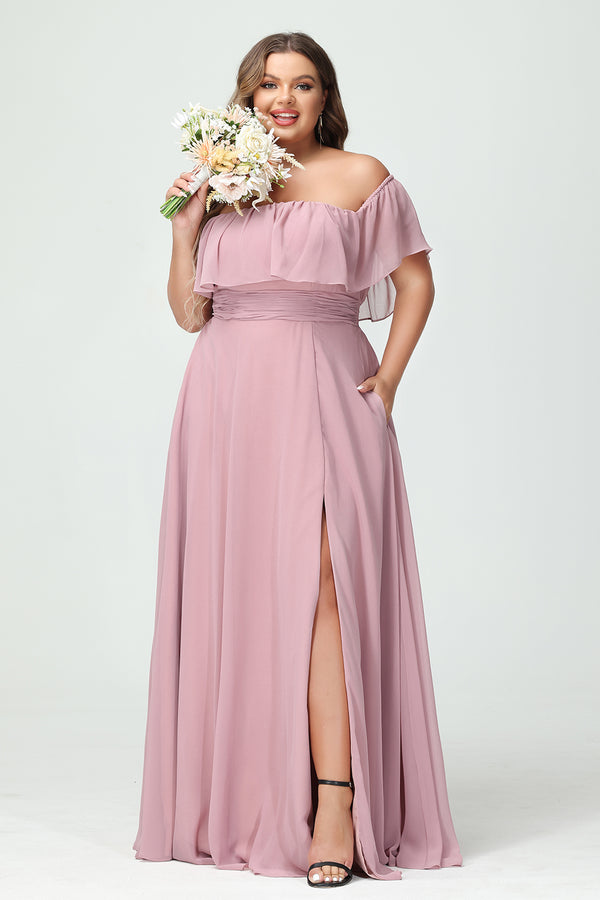Chiffon Off the Shoulder Pleated Corset Bridesmaid Dresses Pockets with Slit